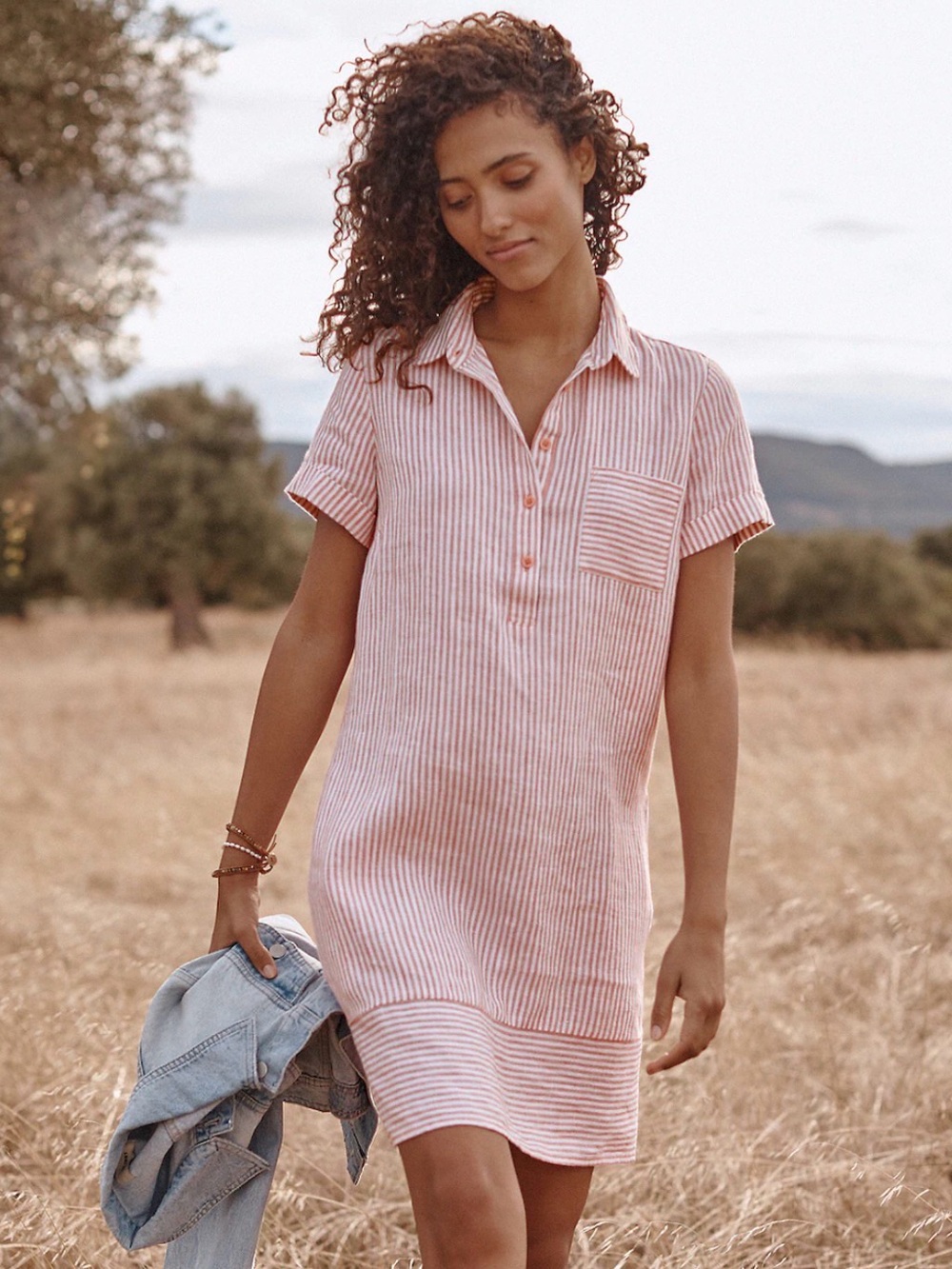Garnet Hill Pink and White Striped Linen Shirt Dress